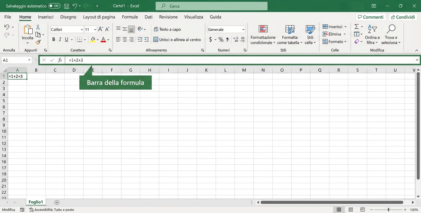 File Excel che evidenzia la barra della formula