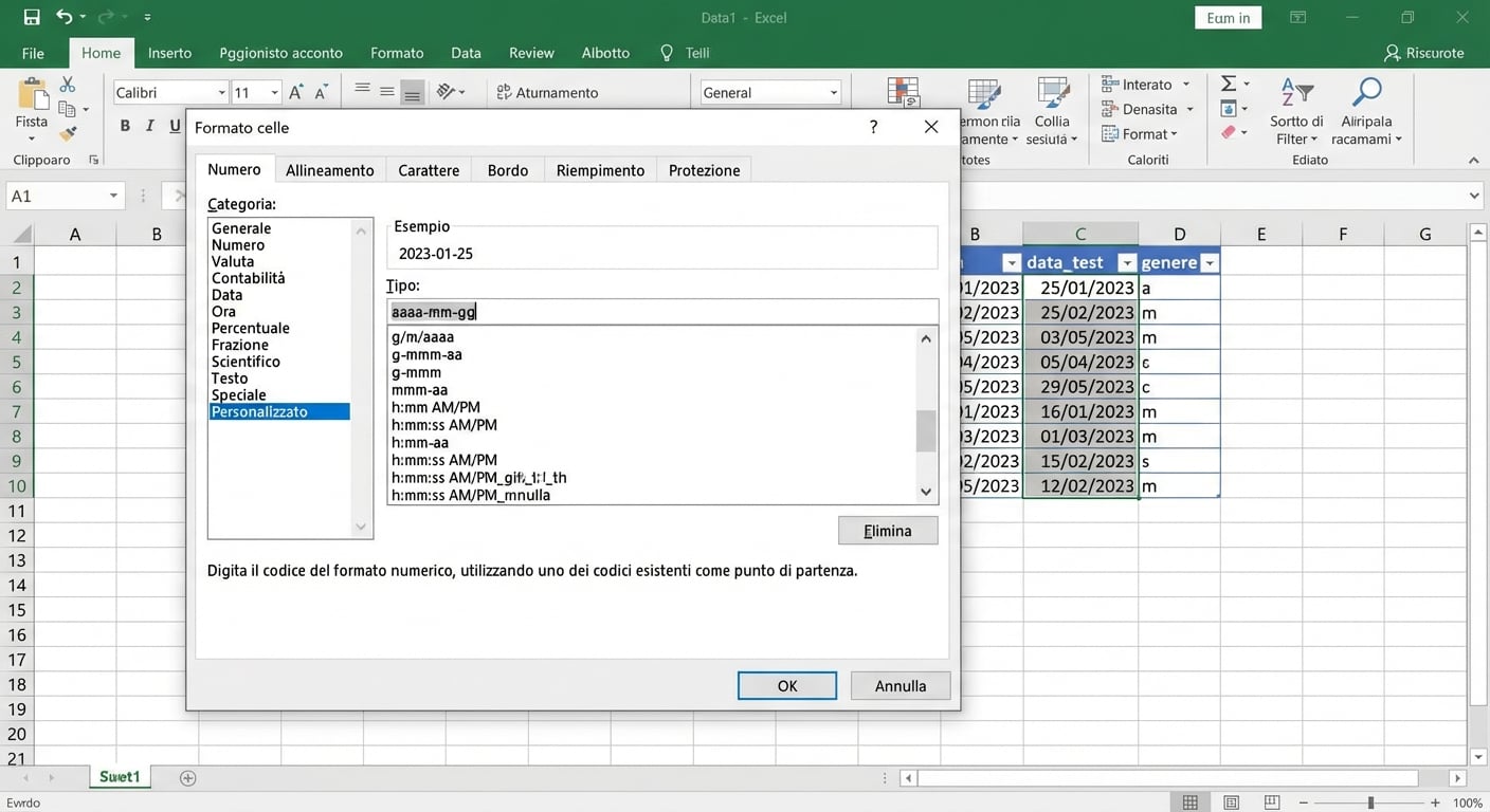 Screenshot dei risultati dei test, con la colonna test_date selezionata e il formato cambiato in personalizzato