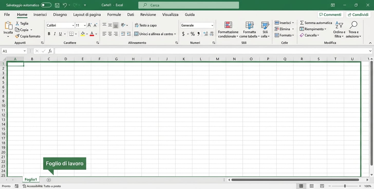 File Excel che evidenzia l'area del foglio di lavoro