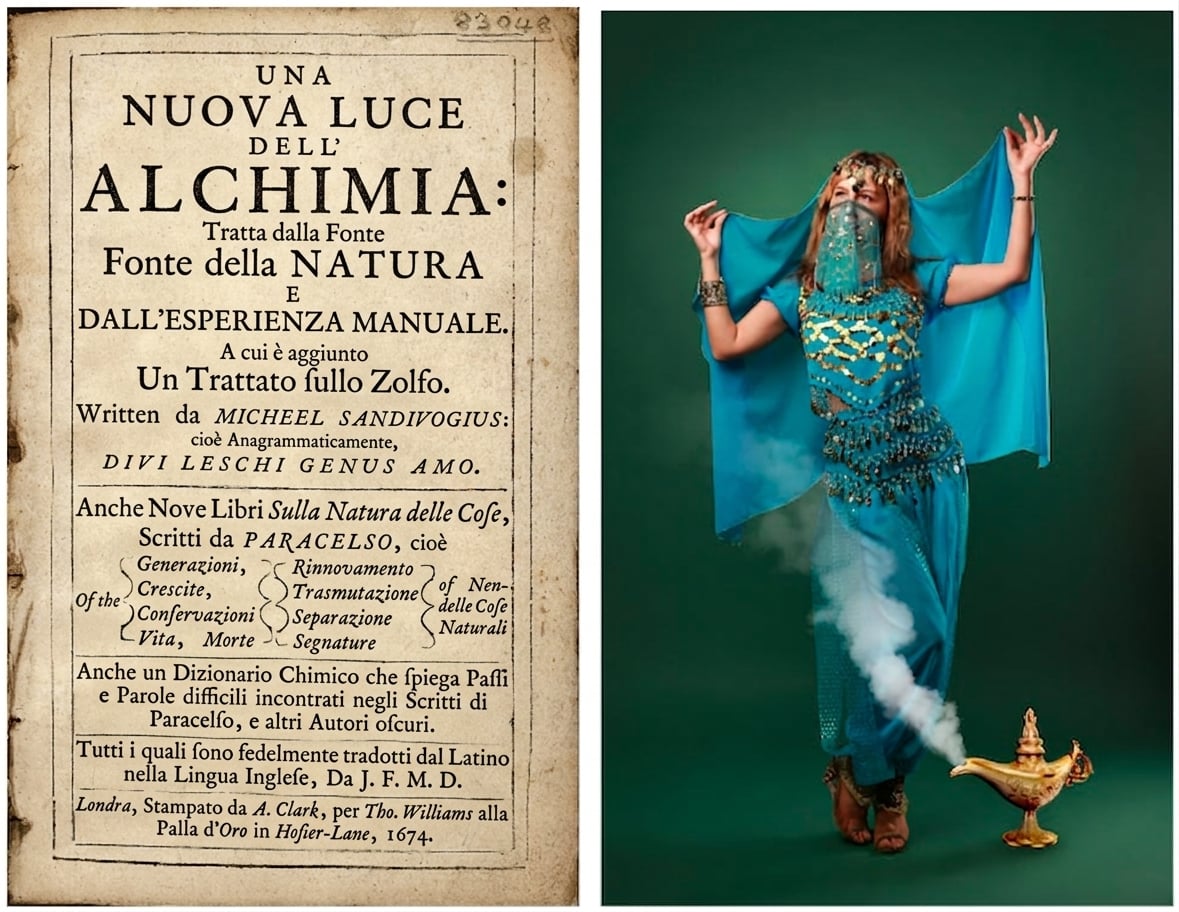 Immagini di un manoscritto di alchimia e di un genio che esce da una lampada magica