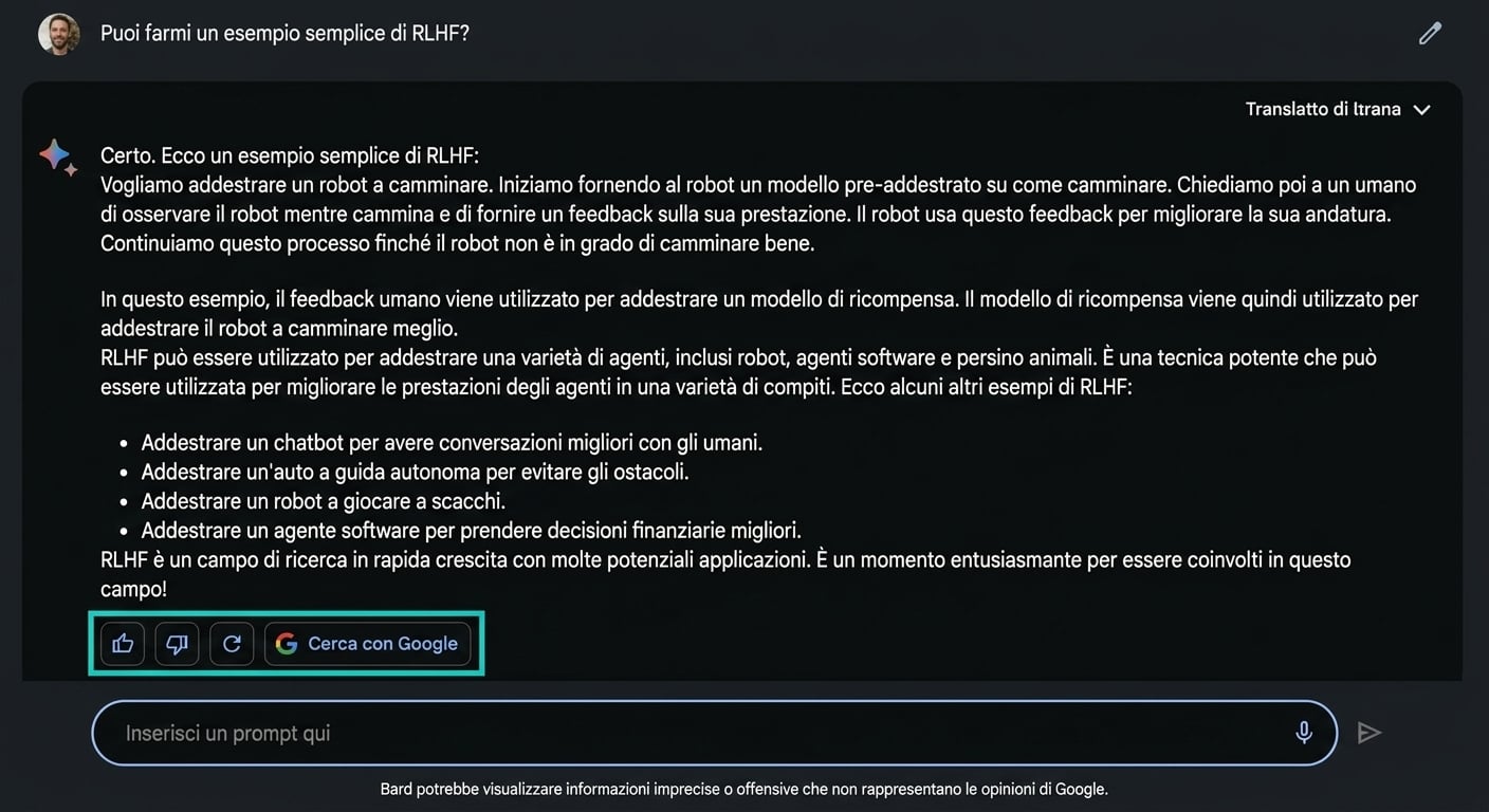 Immagine dell'interfaccia chat di Google Bard con le opzioni di feedback "pollice su" e "pollice giù" evidenziate