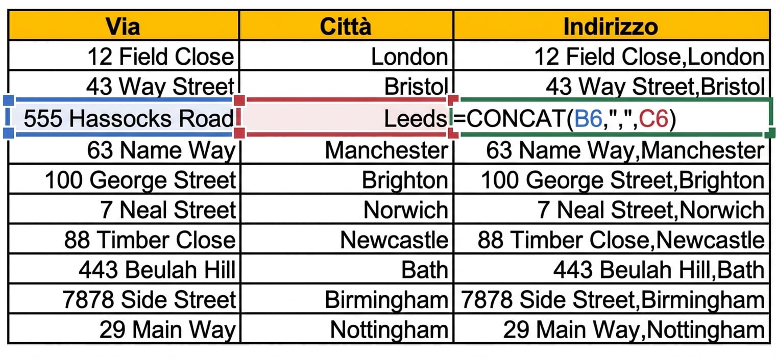 Immagine di una tabella in Excel che mostra la via e la città in colonne separate, con una terza colonna che usa la funzione CONCAT per mettere insieme le informazioni.