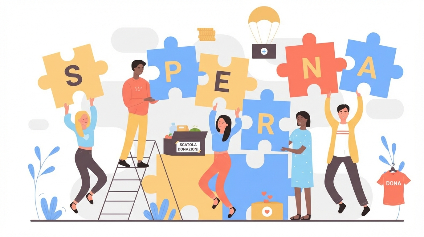 Immagine di cartoni animati di persone che usano pezzi di puzzle con lettere per formare una parola.