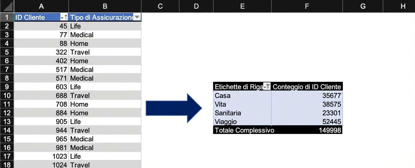 Dati assicurativi riassunti usando una tabella pivot