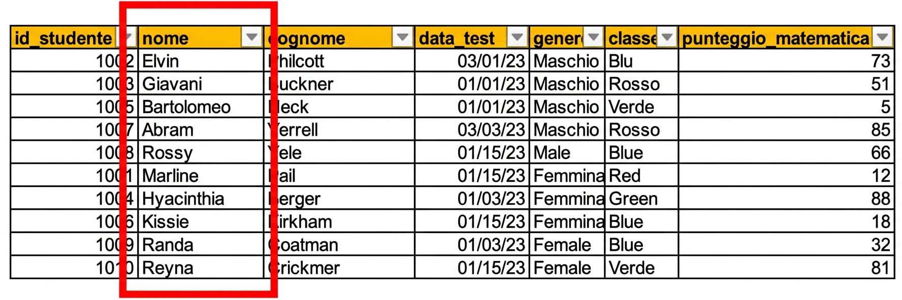 Esempio di una tabella con i dati dei test degli studenti inseriti a mano in Excel, con la colonna del testo full_name evidenziata.