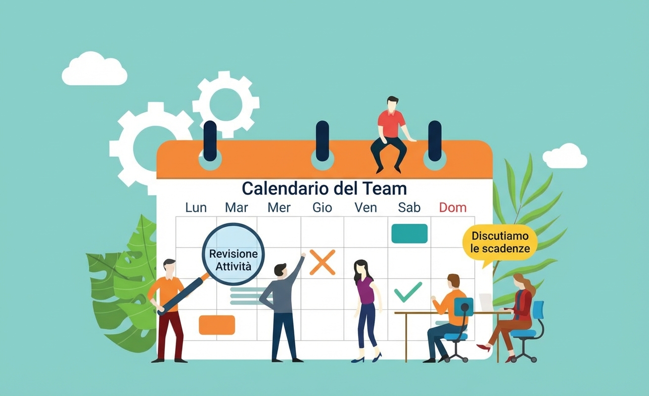 Foto di un gruppo di persone che guardano un calendario e segnano delle cose.