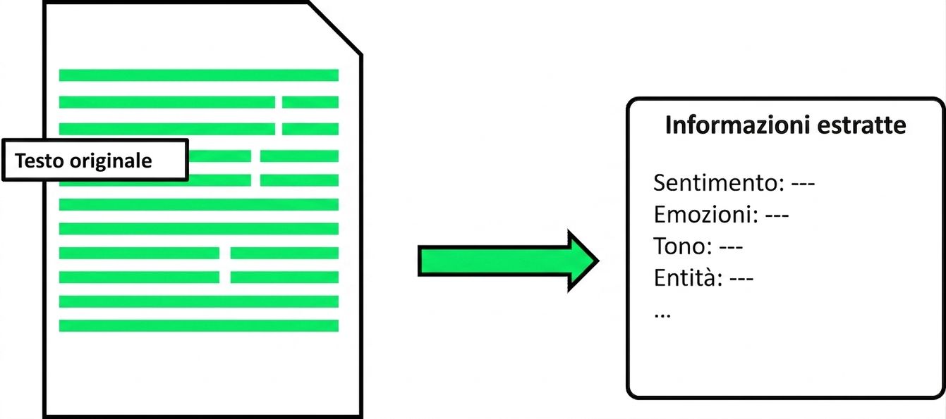 Immagine che mostra come l'analisi del testo estrae informazioni come sentiment, emozioni, tono, entità, ecc. da un testo.