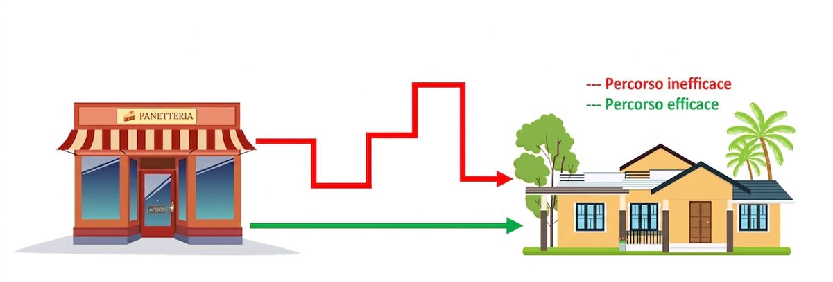 Un diagramma che mostra una panetteria e una casa con due percorsi possibili tra loro. Uno è semplice e corto (efficace), l'altro è complicato e lungo (inefficace).