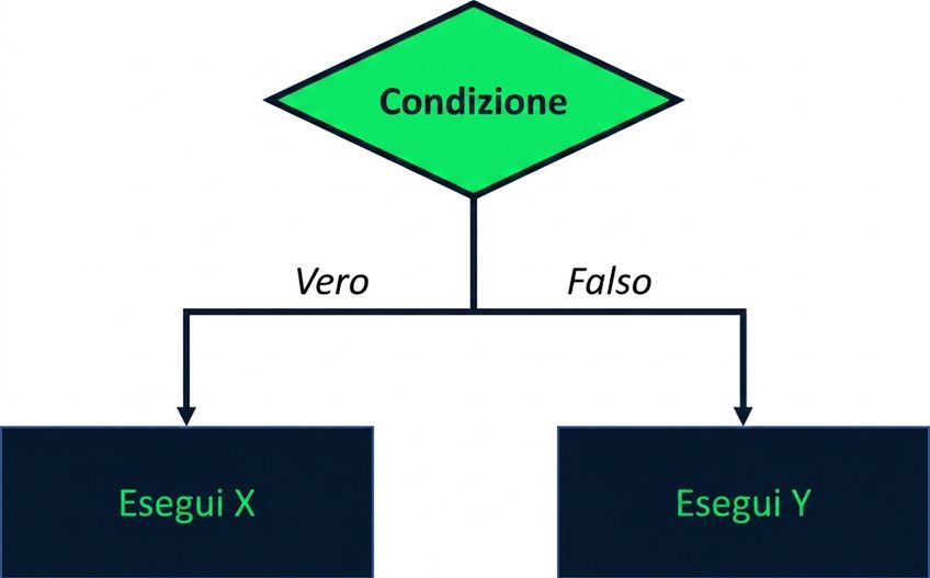 Diagramma che mostra una condizione di test. Se la condizione è vera si esegue X, se è falsa si esegue Y.
