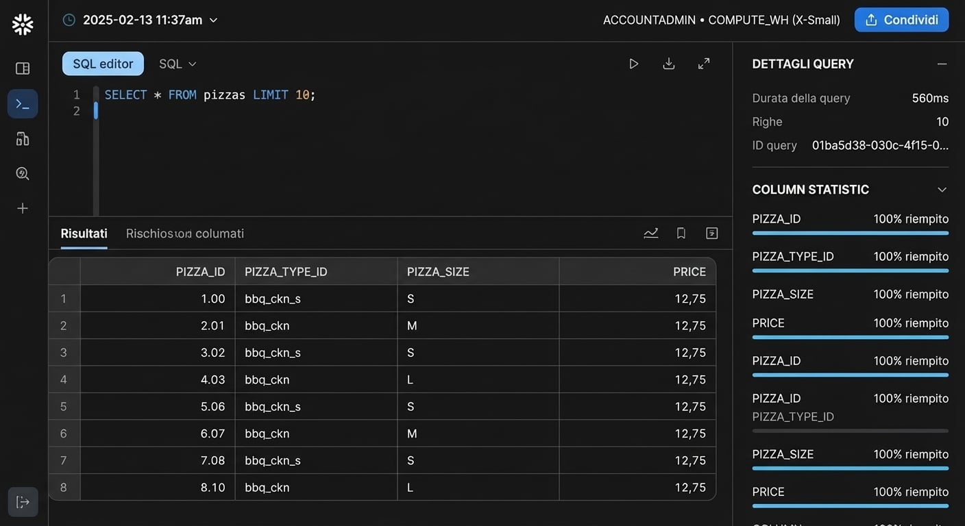 Interfaccia web di Snowflake con worksheet e risultati della query