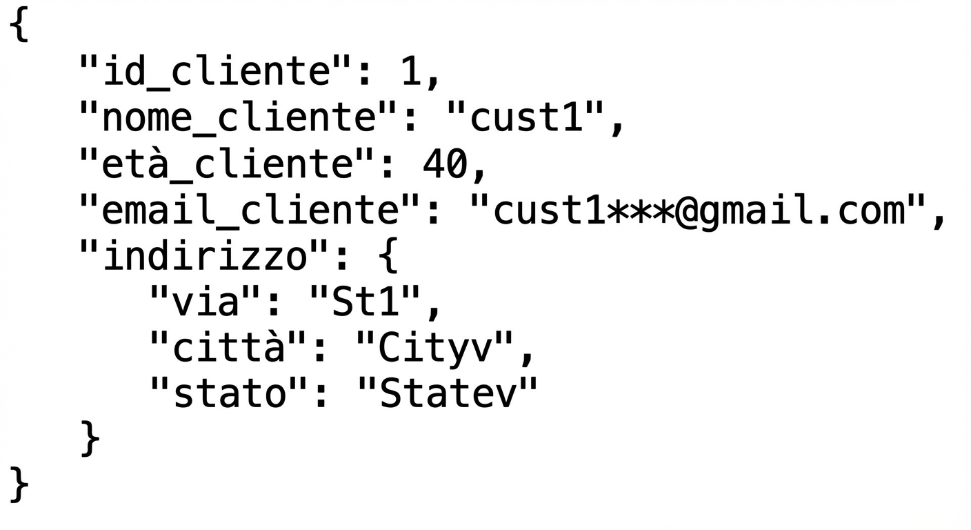 Un JSON annidato dove address è un oggetto con coppie chiave‑valore street, city e state