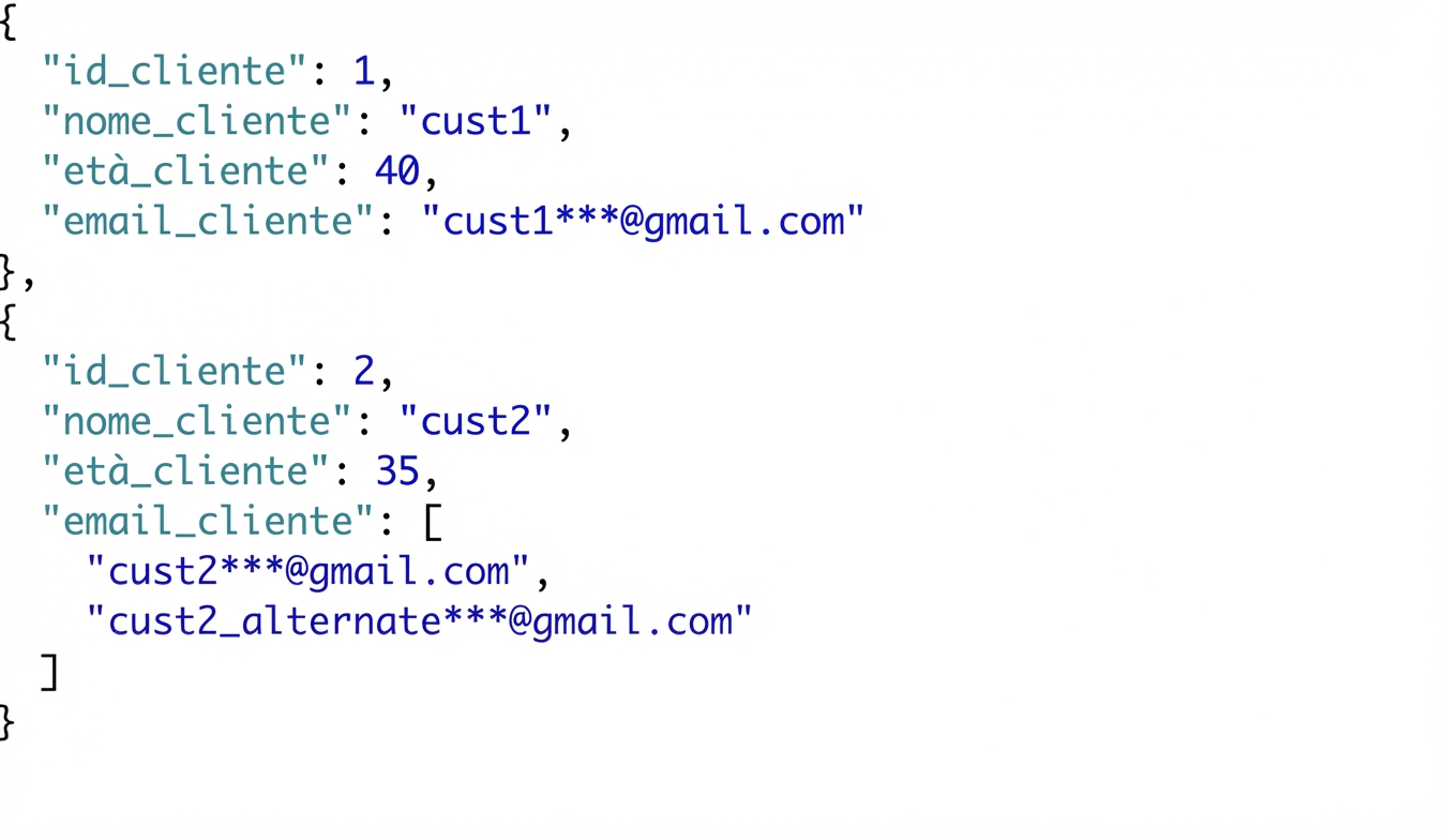 Dati cliente semi‑strutturati in JSON con il cliente 2 che ha due email