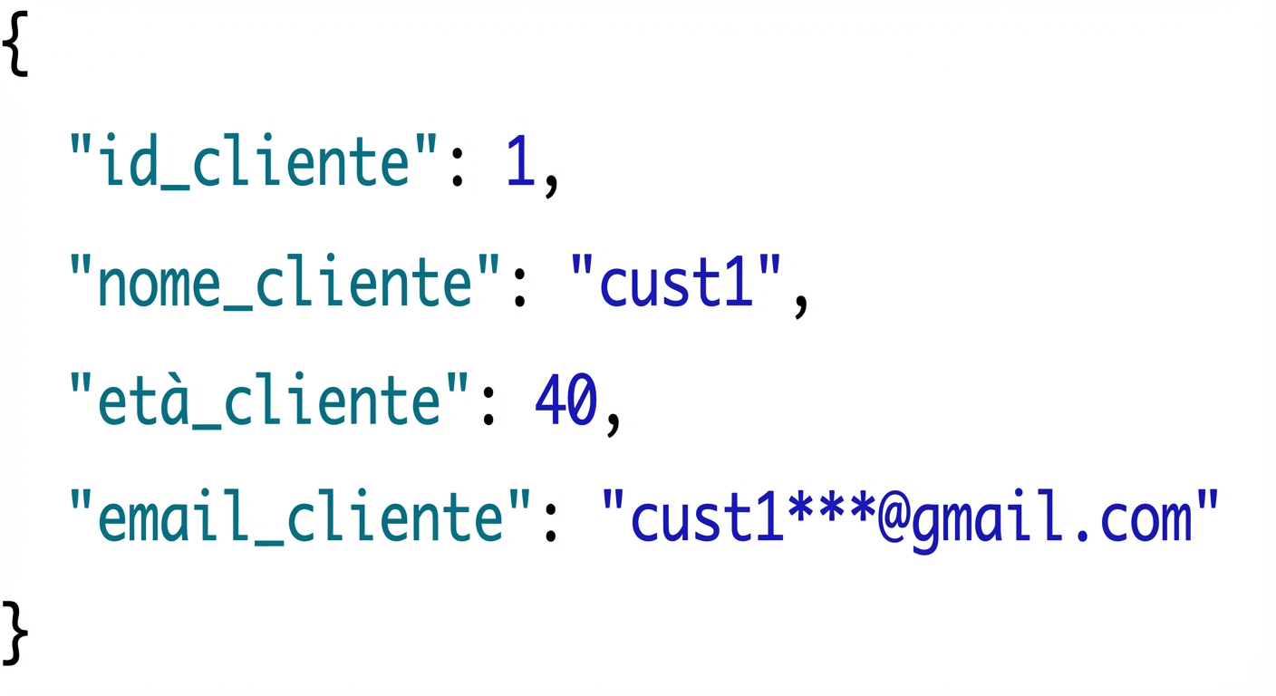 Esempio di record JSON cliente con id, nome, età ed email