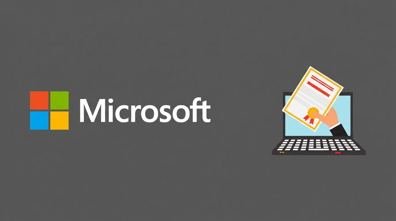 Logo Microsoft con laptop che mostra un certificato