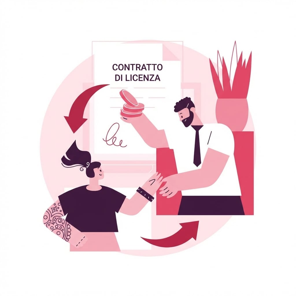 Immagine con due persone e un contratto al muro e frecce tra loro