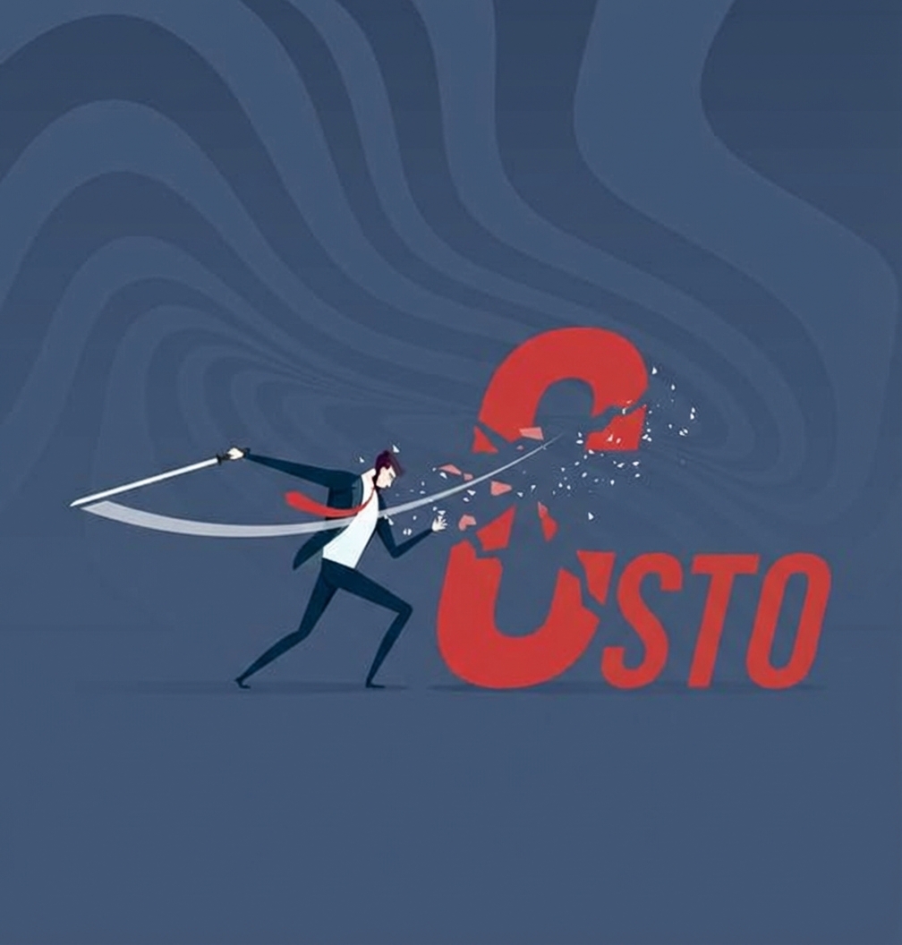 uomo con spada che taglia la lettera c nella parola cost