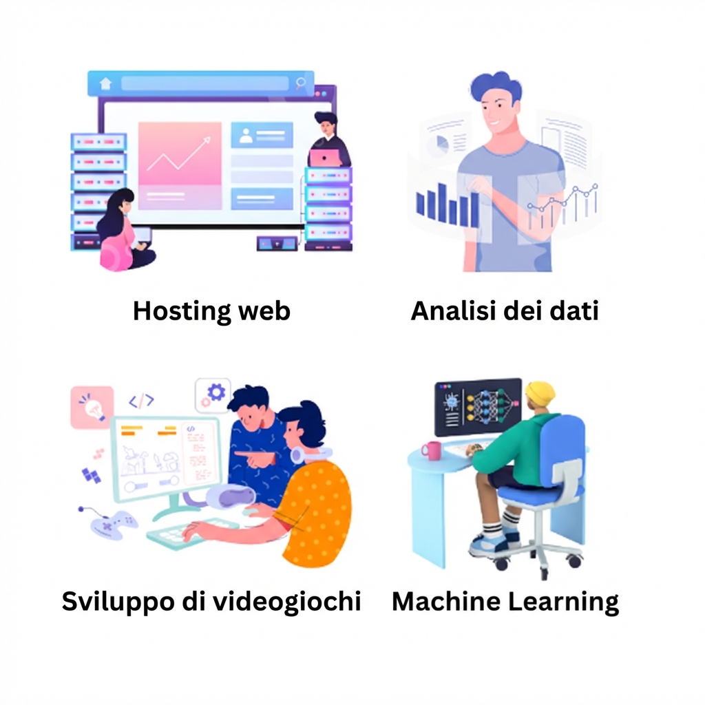 Immagine con hosting web, sviluppo giochi, analisi dati e ML