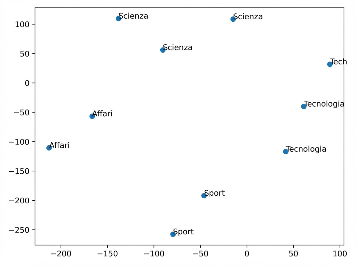 Un grafico di uno spazio vettoriale 2D che mostra che le recensioni con stesso sentimento e tema sono mappate più vicine tra loro nello spazio.