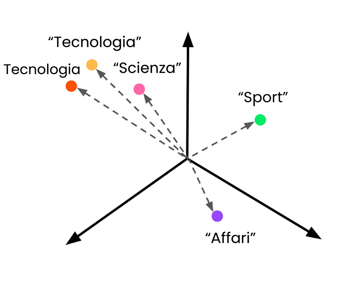 Descrizioni di classi incorporate nello spazio vettoriale, con un vettore sconosciuto assegnato all’etichetta Tech.
