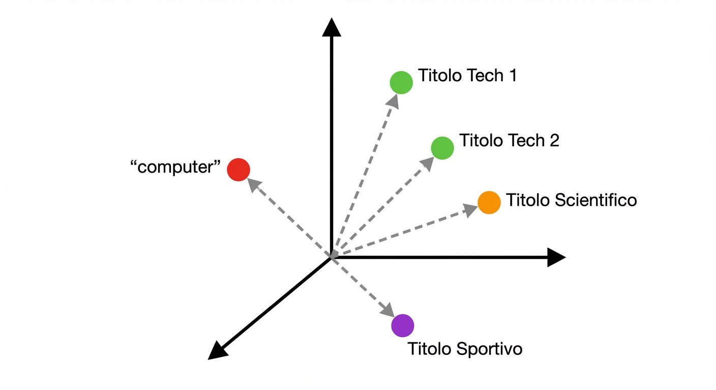Una query di ricerca incorporata nello spazio vettoriale accanto a vari articoli incorporati su temi diversi.