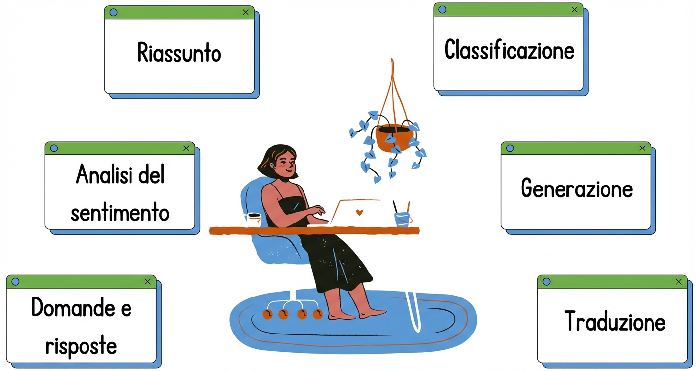 Persona alla scrivania con vari task attorno: generazione di testo e traduzione