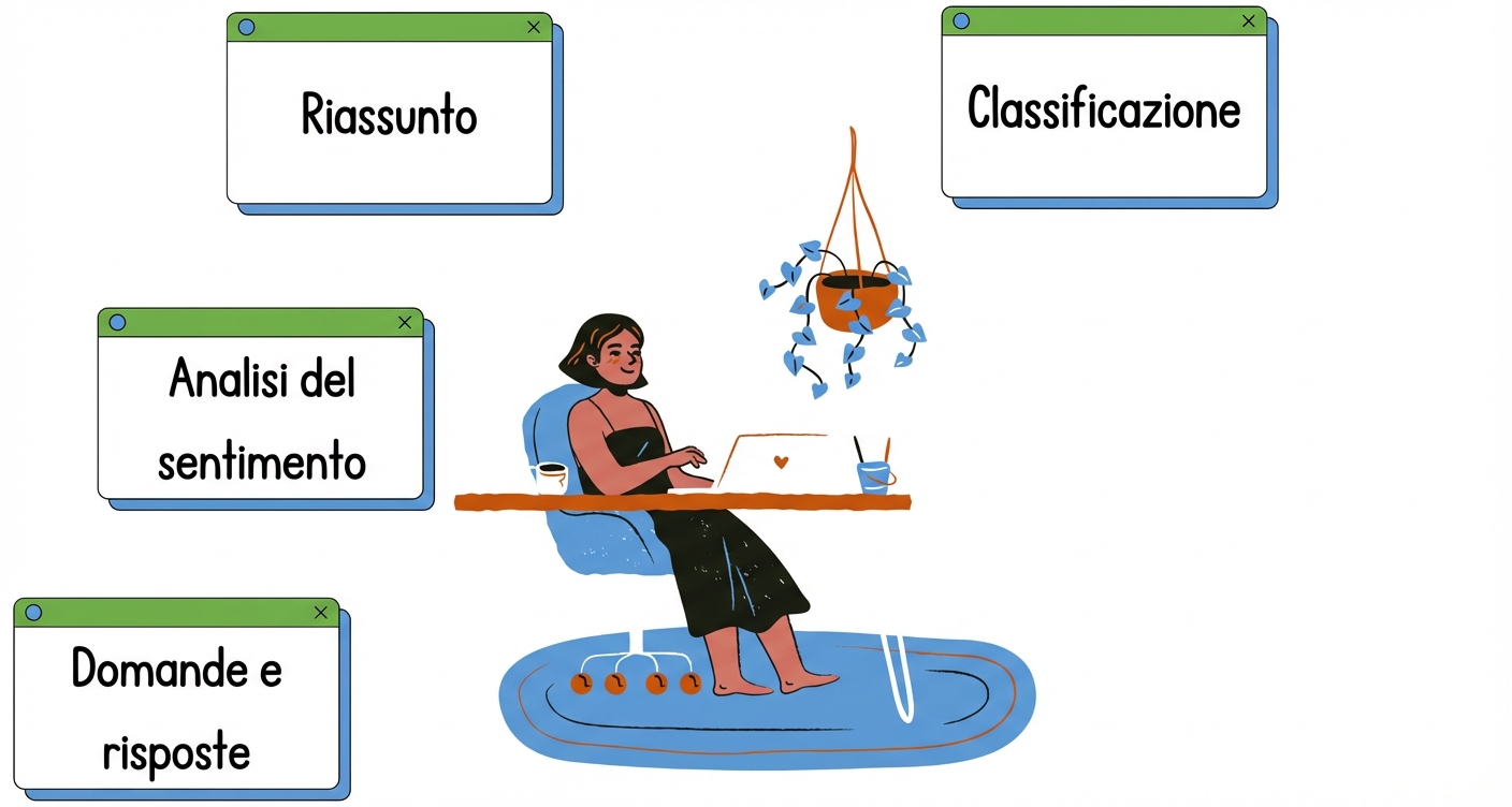 Persona seduta alla scrivania con vari task attorno: classificazione testo, sintesi, analisi del sentiment, domanda-risposta