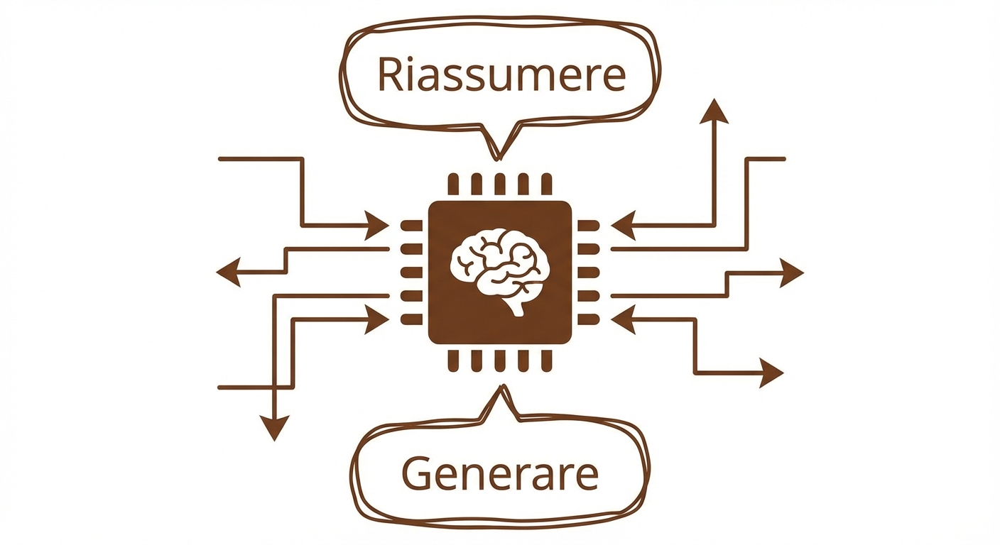 Illustrazione astratta di un large language model con una bolla "riassumi" e "genera"