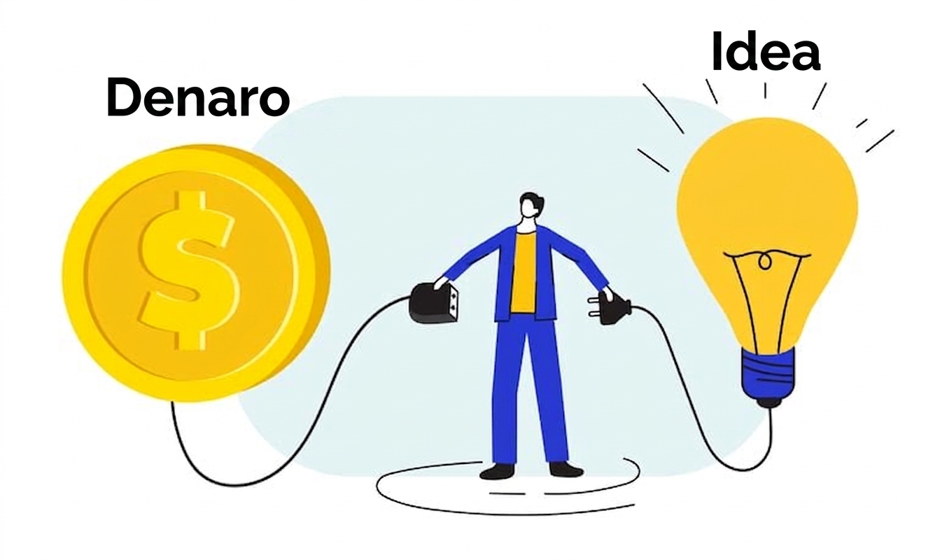 Immagine a fumetti di un uomo che tiene una spina e una presa che collegano denaro a una lampadina