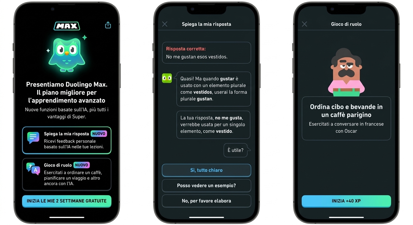 Uso di Duolingo Max in un’app su smartphone