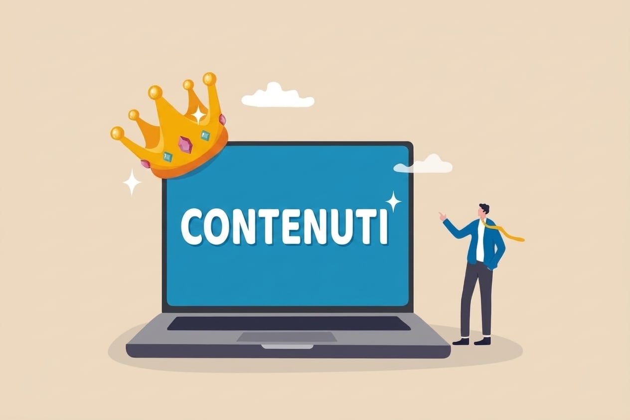 Immagine di un laptop con la parola "content" e una corona sopra