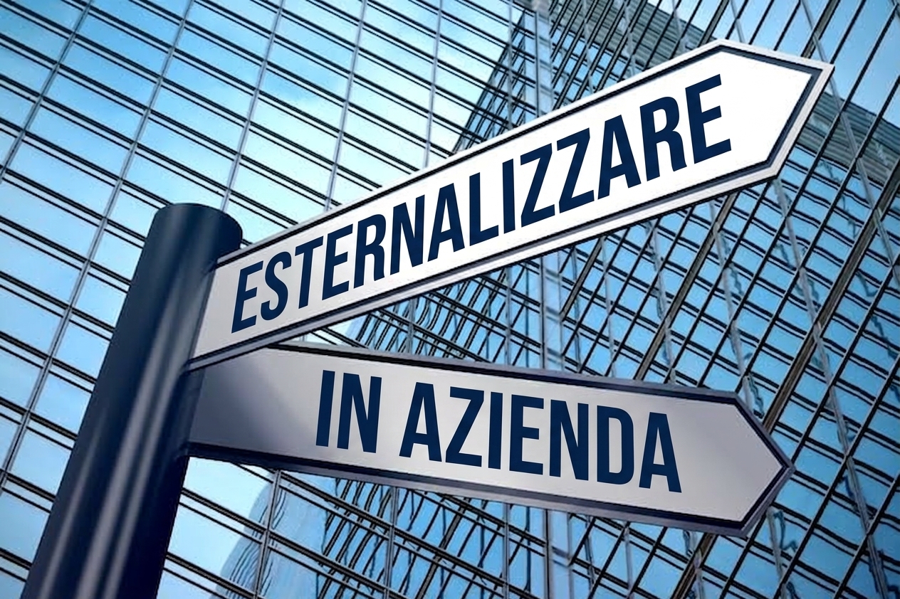 Cartello con due direzioni possibili: outsourcing o interno