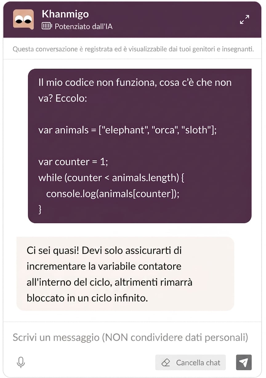 Chatbot Khanmigo che risolve un problema di codice con un/una learner