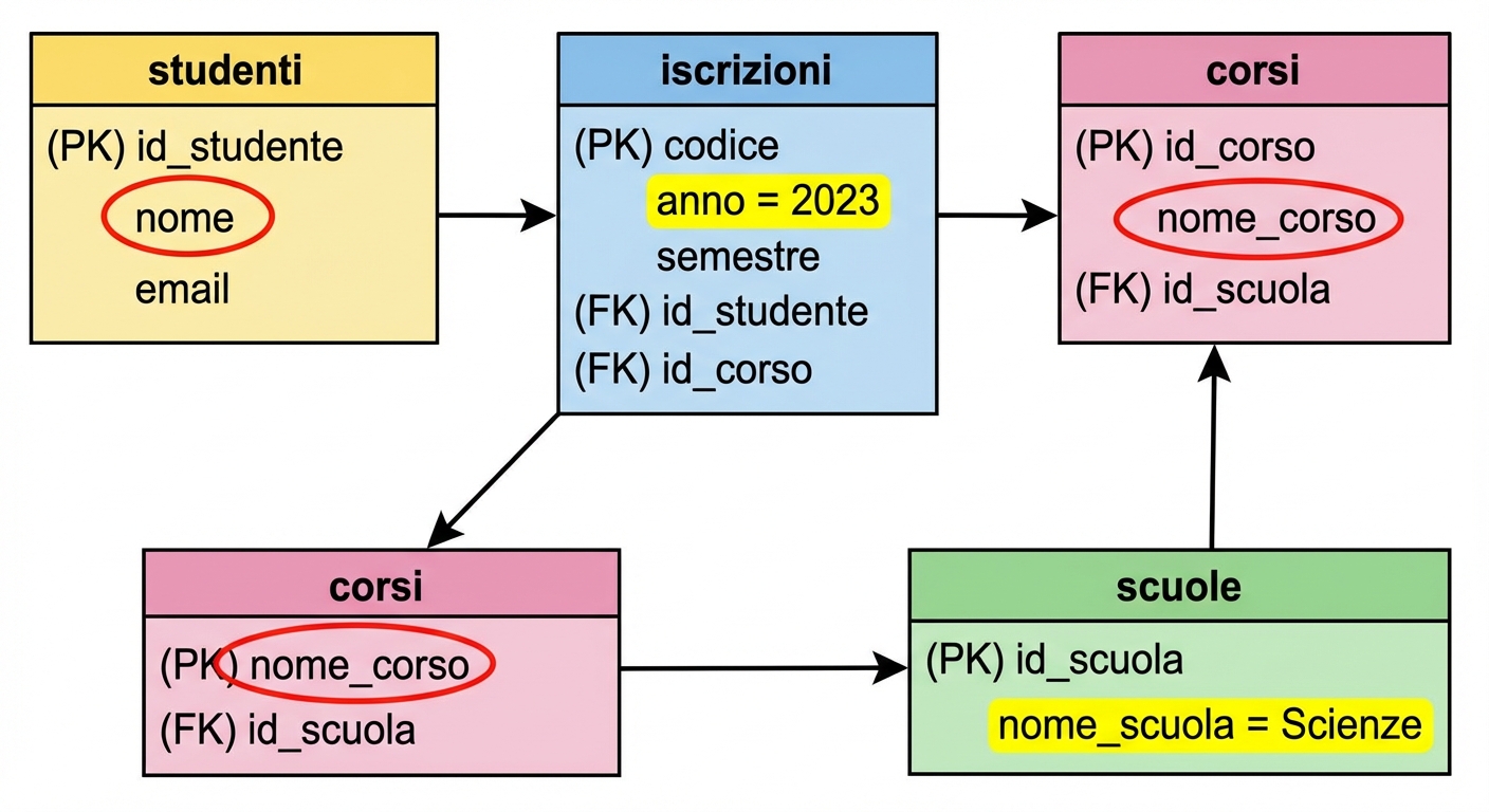 Query del modello ER per nomi studenti e corsi del 2023 nella scuola di Scienze