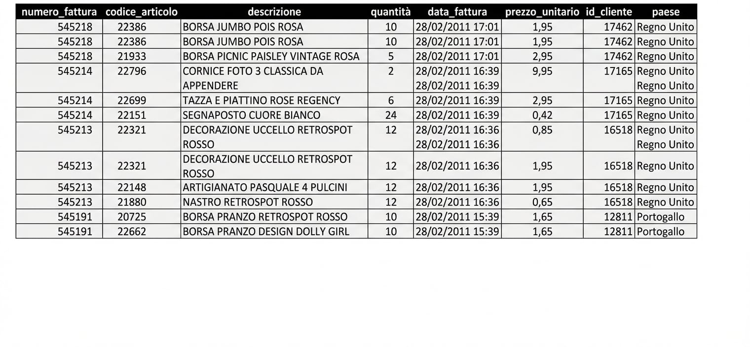 Vista delle righe della tabella e-commerce retail
