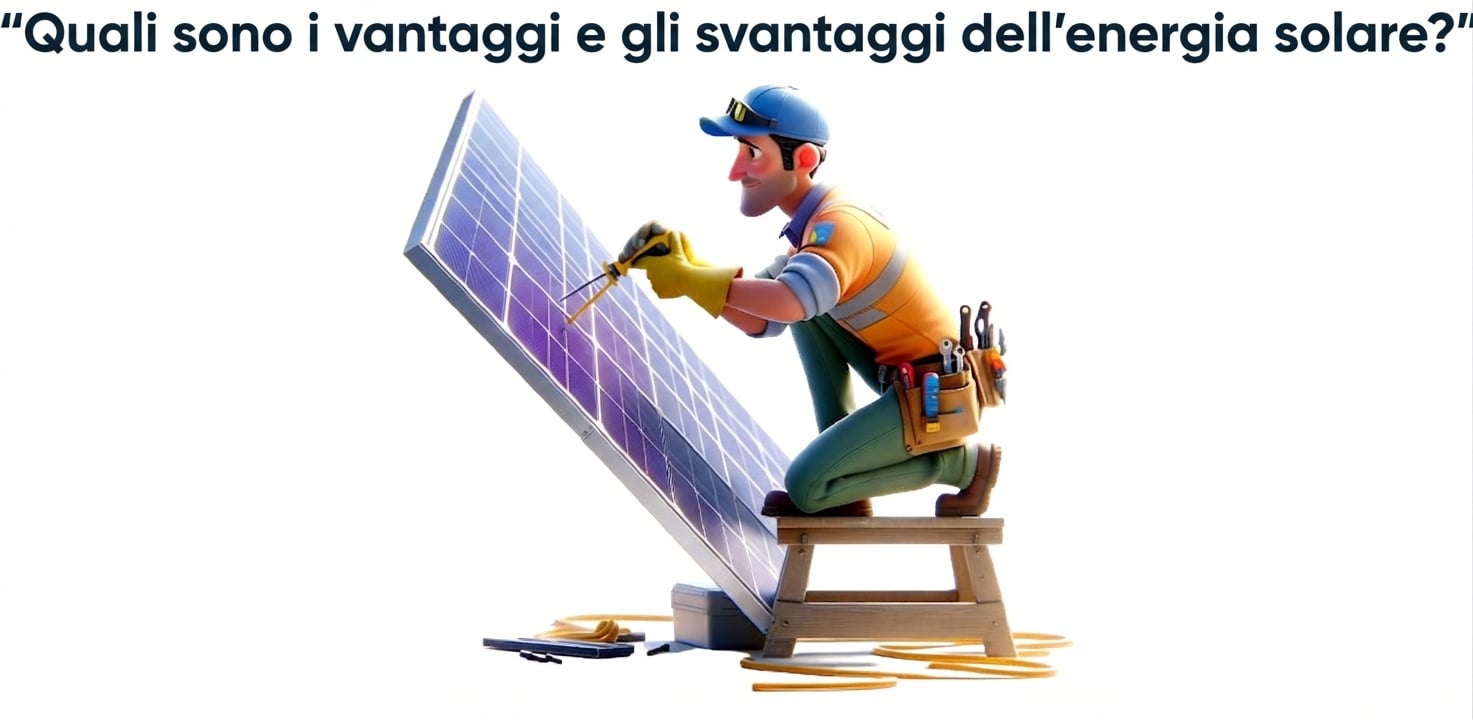 Persona che lavora su un pannello solare e il prompt "Quali sono i vantaggi e gli svantaggi dell'energia solare"
