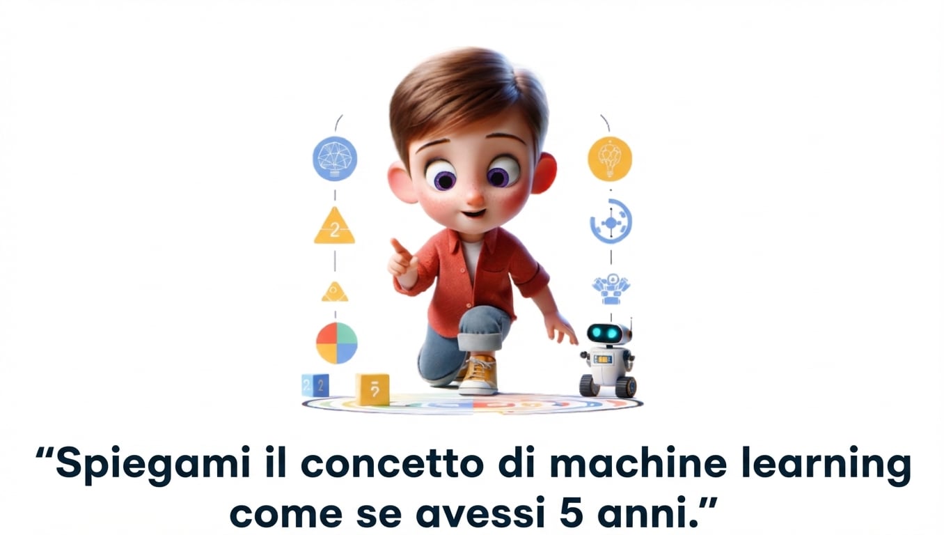 Illustrazione di un bambino di 5 anni e il prompt "Spiegami il concetto di machine learning come se fossi un bambino di 5 anni"