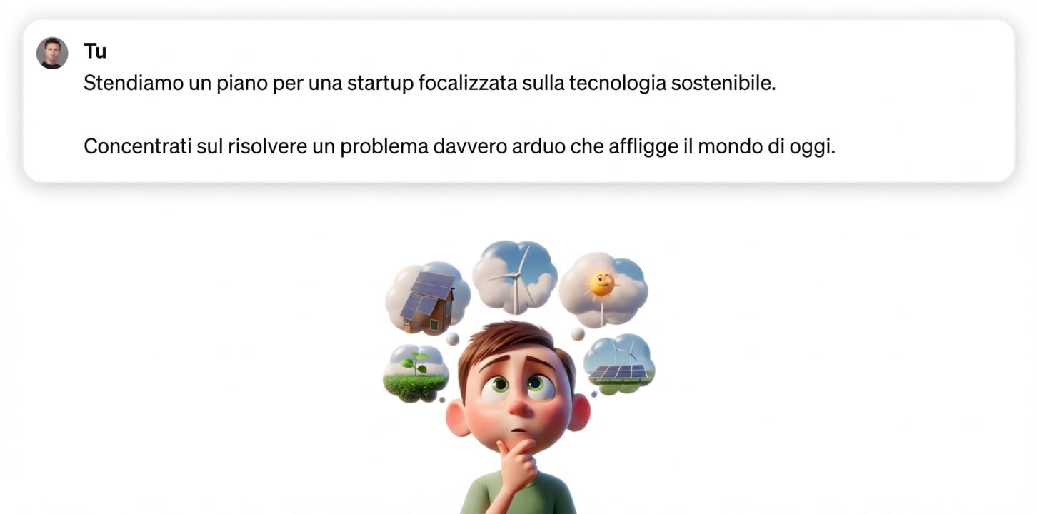 Illustrazione a fumetti di un bambino che pensa alla tecnologia sostenibile