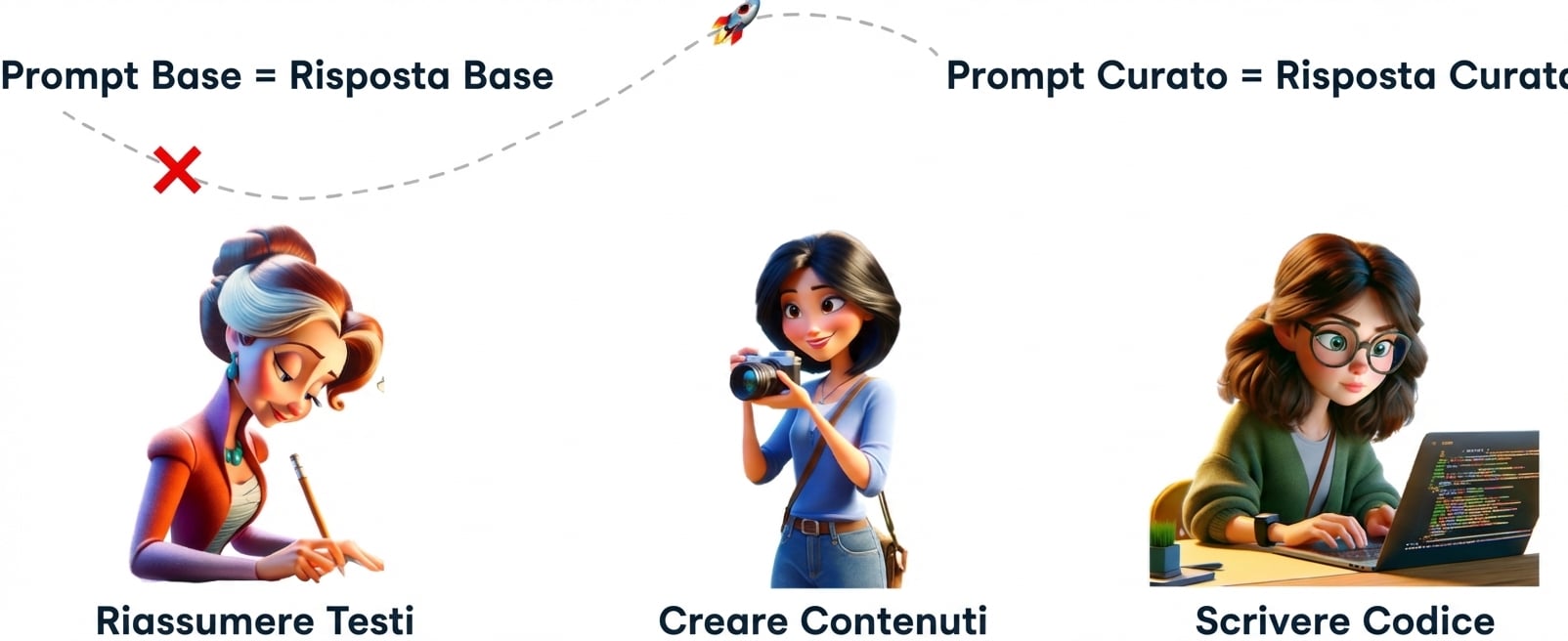 Illustrazioni a fumetti di una persona che scrive, un'altra che scatta una foto e una terza che scrive codice