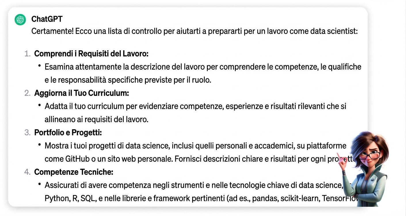Risposta di ChatGPTS alla richiesta "Sto facendo domanda per un lavoro come data scientist, crea una checklist per prepararmi al meglio"