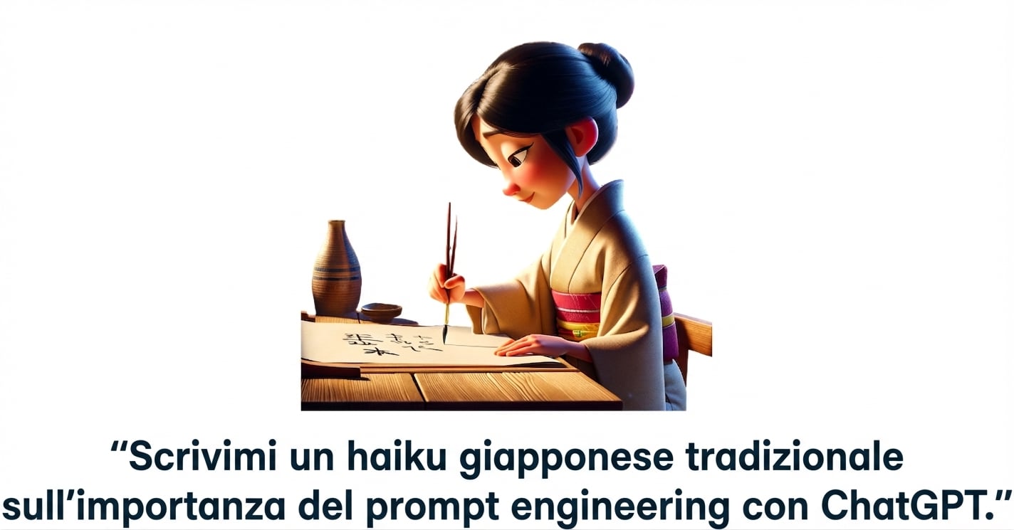 Una persona che scrive un haiku e il prompt "Scrivi un haiku tradizionale giapponese sull'importanza del prompt engineering con chatgpt"