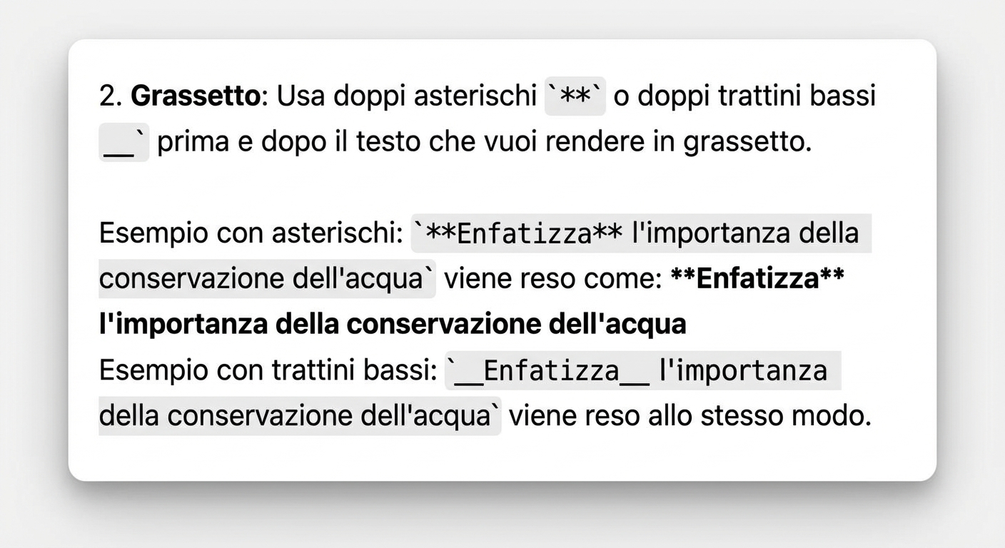 Esempi di enfatizzazione del testo con asterischi o trattini bassi