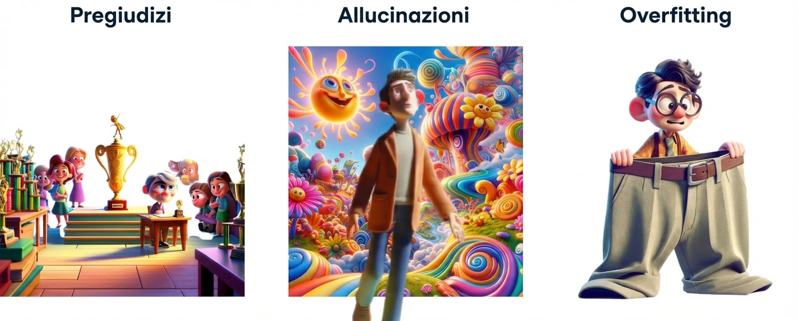 Illustrazioni a fumetti di un bambino seduto alla scrivania con un premio mentre viene osservato da altri bambini, una persona che ha le allucinazioni e un giovane con dei pantaloni comicamente larghi