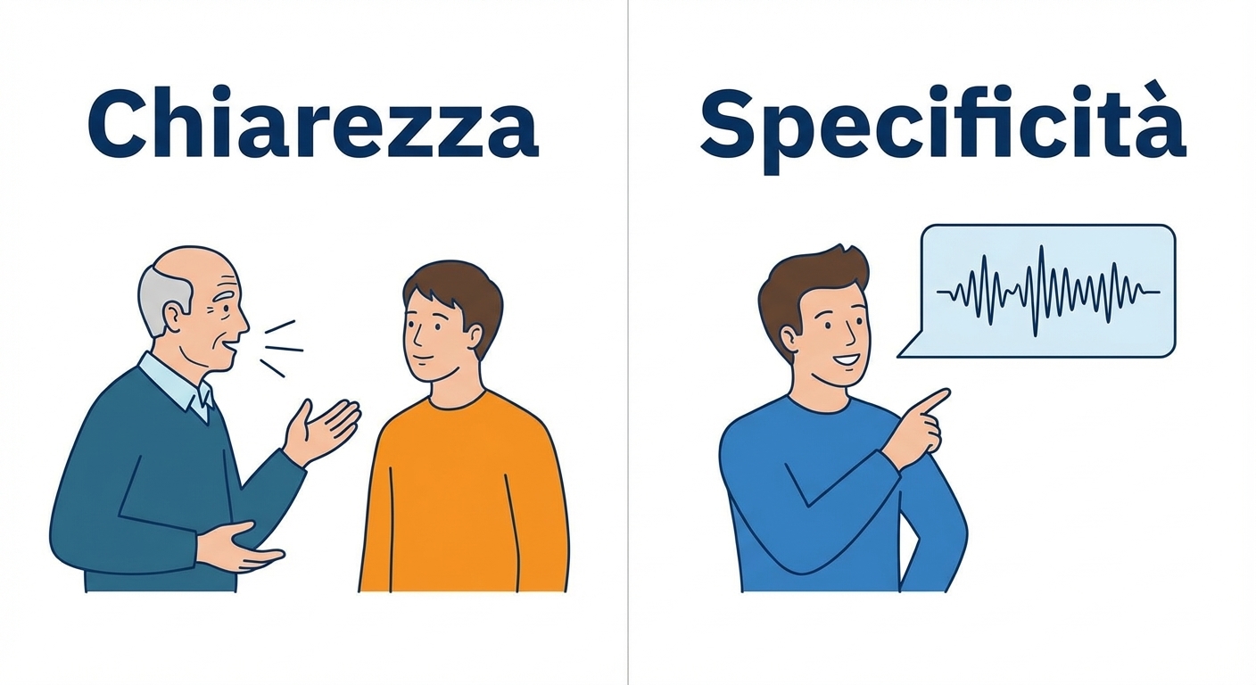 Da un lato ci sono due persone che parlano tra loro per illustrare la chiarezza, dall'altro una persona con una nuvoletta per illustrare la specificità