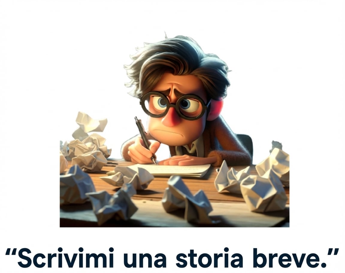 Persona confusa e stanca con il prompt "Scrivimi un racconto"