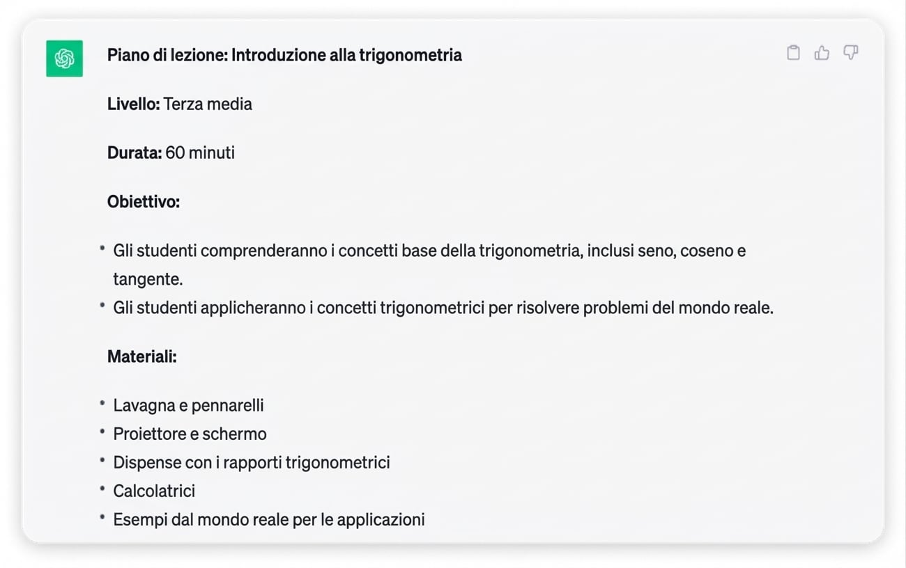 Uno screenshot di un modulo didattico generato da ChatGPT