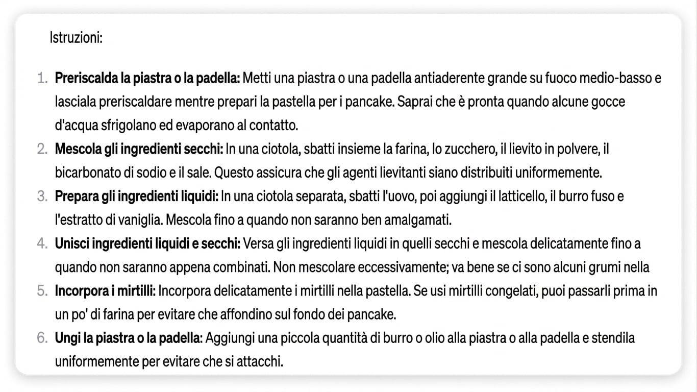 ChatGPT all'elenco dei passaggi per preparare un pancake ai mirtilli perfetto