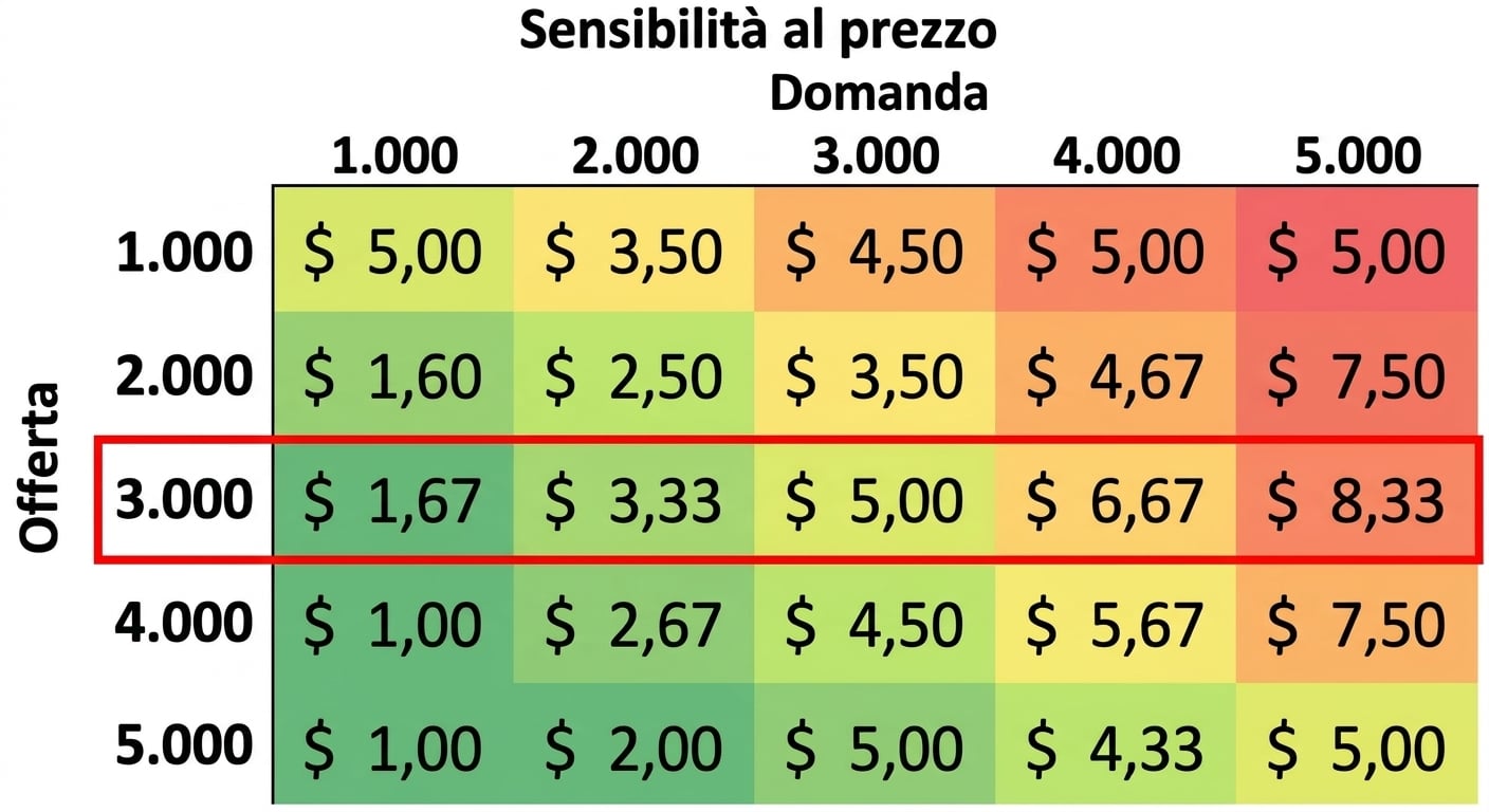 tabella di sensitività con una riga evidenziata