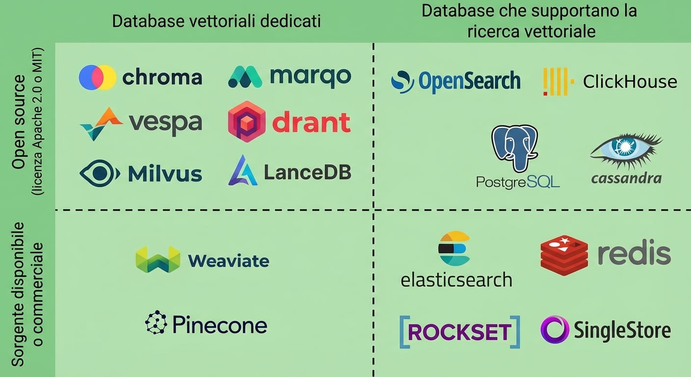 Il panorama dei vari database vettoriali, divisi per open/closed source e per dedicati vs. con supporto.