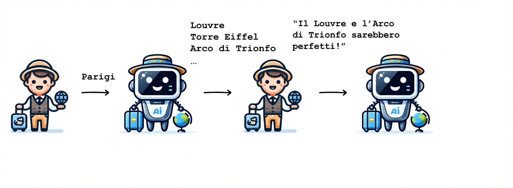 La persona dice alla guida AI che vuole vedere il Louvre e l'Arco di Trionfo.