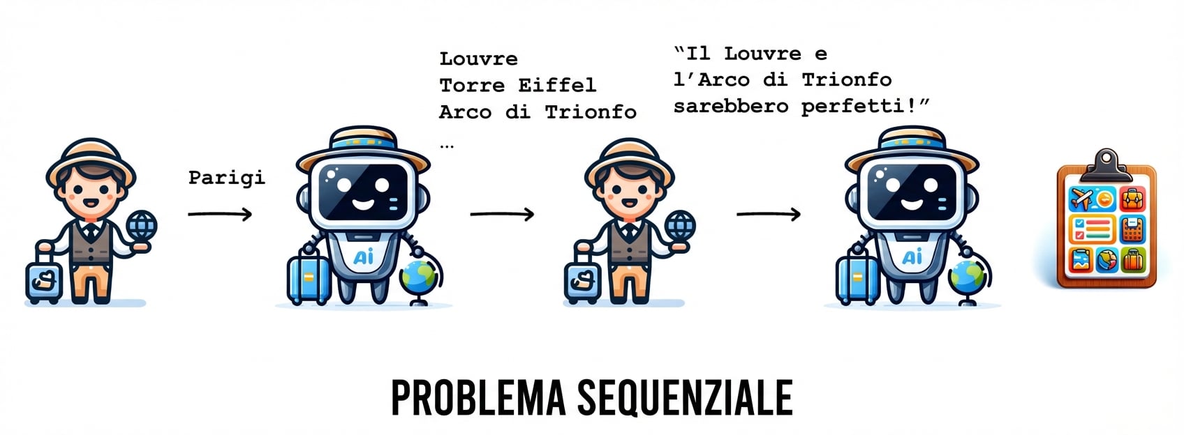 Questo flusso per un itinerario di viaggio è un esempio di problema sequenziale.